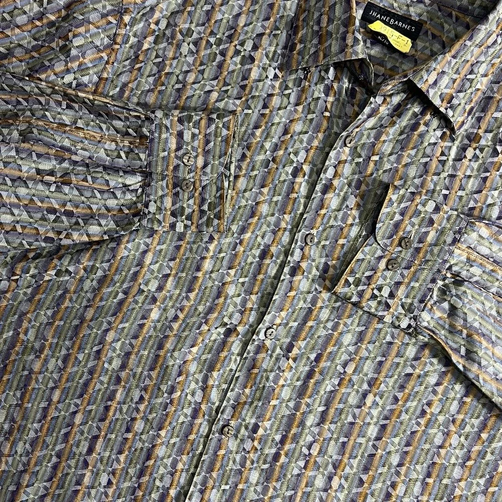 Jhane Barnes Mens XL Geometric Jacquard Long Sleeve Button Down Shirt Blue Gold